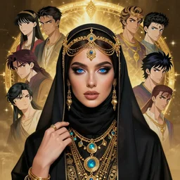 a beautiful arabian woman wearing a hijab with jewelry by alex gray, android jones, nekro, karol bak, ayami kojima, artgerm, yoshitaka amano, olivier ledroit, ruan jia, charlie bowater, tom bagshaw, make up, blue eyes, golden hora, concept art, fantasy
