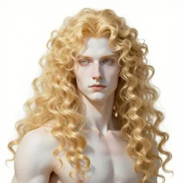 Lucius the pale blond androgynous god of the sun, highly detailed, very very very long curly blond hair, extremely luscious curly blond hair, baroque curls, very very very pale white skin, digital painting, artstation, concept art, soft light, sharp focus, illustration