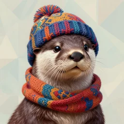 detailed portrait of anthropomorphic otter colorful beanie! scarf!, aquatic geometric background, intricate, elegant, highly detailed, digital painting, artstation, concept art, smooth, sharp focus, illustration, art by artgerm and greg rutkowski and alphonse mucha, photorealism 8 k