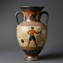 a beautiful, ancient, iron made greek amphora container, museum item, with drawings of crossfit games h 1 0 2 4