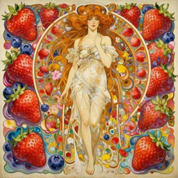 an intricate oil painting of a beautifull woman surounded by hiper detailed strawberry, blueberry, melting colorfull wax, coloful flower petals, colorfull, excelent composition, wide shot, by yoshitaka amano, by greg rutkowski, by alphonse mucha by jeremyg lipkinng, by rhads, by ross tran, by artgerm, octane render