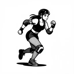 logo design,goth roller derby girl sprinting Cross-Over, full length portrait, fishnet tights, torn, ripped, fists in the air, mcbess