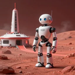 a relaxed robot standing on mars looking at a mars base, blender render, 8 k, red lighting, misty, smog,