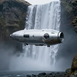 a very symmetrical smooth metal spacecraft hovering over iceland, misty waterfall, sharp focus, octane render, 8k