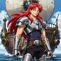 male sky-pirate with long red hair in front of a steampunk airship, full metal alchemist, anime style