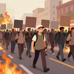 protesters marching, detailed digital illustration by greg rutkowski, fire, android netrunner, forced perspective