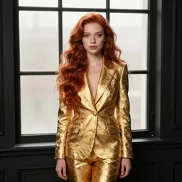 portrait of a girl with long red hair, very beautiful style, girl standing in a black room by a window, wearing a gold suit, photorealism, andrei tarkovsky deborah lou turbeville,