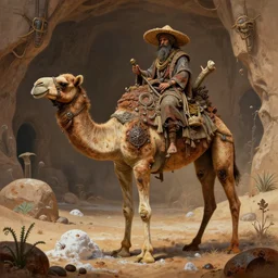 an anthropomorphic dromedary that is a village merchant, a camel with lots of body modification, trader, caves of qud, matte oil painting, retrofuturistic, concept art, science fantasy, post - apocalyptic, mutant, rpg, epic, rust, salt, plants, dungeons & dragons, toxic, sharp focus, award - winning, extremely detailed, 4 k, 8 k