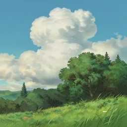a beautiful still from a studio ghibli movie, landscape scenery, puffy white clouds, green grass, tall trees