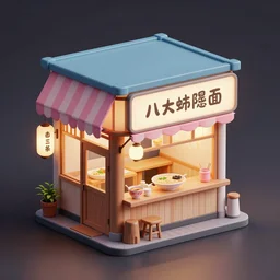a detailed octane render of a old 3 d cuboid isometric ramen shop, volumetric lighting, outside view, 3 quarter view, ray tracing, dramatic lighting, unreal engine 5, global illumination, physical based render. balanced and aesthetically pleasing pastel colors.