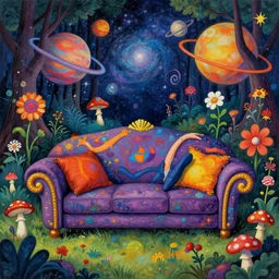 psychedelic trippy couch in forest, planets, flowers, mushrooms milky way, sofa, cartoon by giuseppe arcimboldo