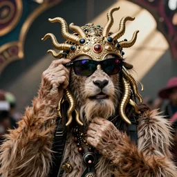 a photograph of shaggy rogers dressing a touca medusa hat oakley, oakley medusa hat and googles, touca medusa original, over the top oakley, psytrance rave