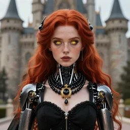 redhead girl Triss Merigold in black dress in beautiful castle, black pearls and golden gems, glowing eyes, light freckles, portrait, biomech, conceptart, medium shot, unreal, octane, symmetrical, photorealism
