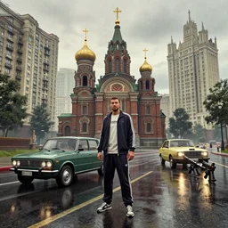 cinematic photo gta 5, rain, man in adidas tracksuit, churches, buildings, road, moskvich, rtx, volumetric light, 3 d artist, art by crewdson gregory and artgerm and reflections, moscow, soviet apartment buildings, guns, 1 9 6 0, award winning, artstation, intricate details, realistic, hyperdetailed, 8 k resolution