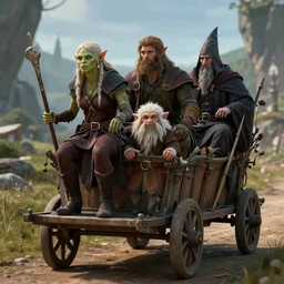 an female orc, a male halfling, a male human and a male wizard riding on a cart.
