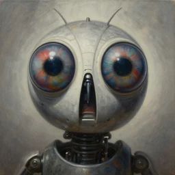 desaturated symmetrical!!! holy saint aura battle robot award winning closeup portrait huge insect eyes faded tetrachromacy desaturated colors trippy background tim hildebrandt wayne barlowe bruce pennington donato giancola larry elmore masterpiece trending on artstation cinematic composition beautiful lighting hyper detailed!!! 8 k oil on canvas