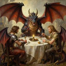 dragons sitting around a table playing dnd, painting by brothers hildebrandt