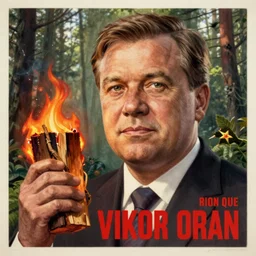 soviet poster of viktor orban, highly detailed face, holding a burning wood piece, forest in background