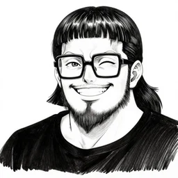 highly detailed ink illustration of a buff smiling man with long stubble, big square glasses and a bowl cut, wearing a black shirt, b & w clean shaped illustration by kim jung gi and eiichiro oda