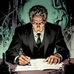 an illustration of grant morrison being mind controlled by darkness itself to write multiversity, dc comics style, eldritch, lovecraftian