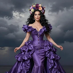 full body pose fine art photo of the cher goddess, she has a crown of stunning flowers and frilly dress of purple satin and gemstones, background full of stormy clouds, by peter mohrbacher