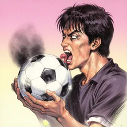 glossy old advertising poster of a a man kissing a soccer ball, maniacal, horror, drawn comic by junji ito, pastels, gradient,