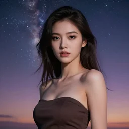 a photorealistic portrait, stunningly beautiful hyper detailed sexy avatar girl, mysterious black eyes, professionally retouched, soft lighting, hyper realistic, beautifully detailed colorful starry sky, wide angle, sharp focus, 8 k high definition, 6 4 megapixels, insanely detailed, stunningly beautiful
