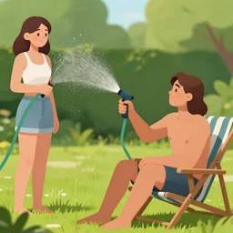 a shirtless guy with long brown hair sitting on a lawn chair spraying a woman with a water hose 8 k