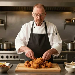 Walter White as a chef making fried chicken in a kitchen