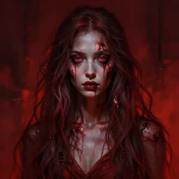 malenia. goddess of rot. long hair. atmospheric red lighting. highly detailed digital painting by greg rutkowski. sharp focus, 8 k.