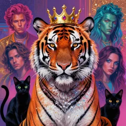 a humanoid animal king tiger with a crown, black cat, atmospheric beautiful by stanley artgerm, tom bagshaw, arthur adams, carne griffiths, trending on deviant art, street art, chillwave, maximalist, full of color, glittering, 8 k, hd