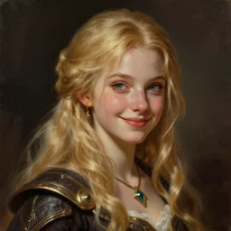an epic fantasy comic book style portrait painting of a young blonde girl thief, d & d, fantasy, joyful smirk, intricate, elegant, digital painting, face enhance, artstation, concept art, matte, sharp focus, illustration, art by artgerm and greg rutkowski and alphonse mucha