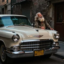 a widescreen photo of a old cadillac in a alley, with a old laughing happy old man with long hair, long beard, low light, by steve mccurry