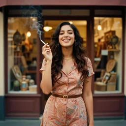standing portrait of ecstatic sza looking into the camera standing smoking a cigarette, summer, warm street lights store front, 1 9 6 0 s technicolor, intricate, moody, personal, highly detailed, short focus depth, donato giancola, joseph christian leyendecker, frank frazetta, alex horley, ralph horsley, michael whelan, 2 0 0 mm focal length