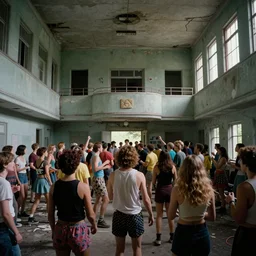 a rave party at an abandoned hospital, film still from the movie directed by wes anderson with art direction by zdzisław beksinski, wide lens