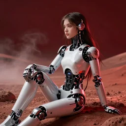 a beautiful girl robot sitting on mars relaxing, red lighting, mist, blender render,
