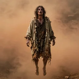 starving man wearing rags floating, orange fog background, trending on artstation, incredibly detailed, personal, horror