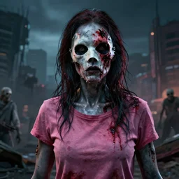 epic portrait cinematic shot an female zombie in a pink t shirt and a ripped mask, bloody, gray skin, shiny skin, creepy, apocalyptic city backround, fine details. night setting. realistic shaded lighting poster by craig mullism, artgerm, jeremy lipkin and michael garmash, unreal engine, radiant light, detailed and intricate environment, digital art, trending on art station,
