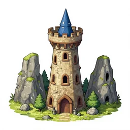 A wizard tower next to a few mines and a few caves, lineart, colored