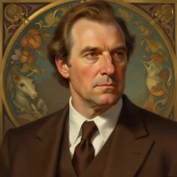 close up of richard kind as paul lassiter wearing a brown suit and necktie, focus, d & d, intricate, elegant, highly detailed, digital painting, artstation, concept art, matte, sharp focus, illustration, hearthstone, art by artgerm and greg rutkowski and alphonse mucha