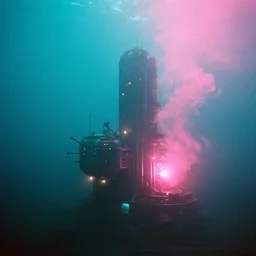 high - tech underwater city, volumetric light, foggy, moody, kodak photography, cyan and pink light