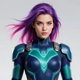 a stunning upper body portrait of a beautiful young woman wearing futuristic navy blue and teal battle bodyarmor with and glowing neon lines and pauldrons and ombre purple and pink hairstyle with hair blowing in the wind, by marvel comics, highly detailed, fine detail, intricate, digital art, trending on artstation
