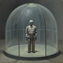 lone robot prisoner shackled in a large dome - shaped prison cell, grant wood, pj crook, edward hopper, oil on canvas