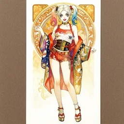 a watercolor portrait illustration by sui ishida and alphons mucha of an anime girl as harley quinn highly detailed anime eyes wearing wearing a vintage kimono as a skirt with cropped dragon print top, corset belt, and platform heels. by issey miyake and balenciaga 8 k
