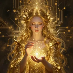 the ethereal queen of technology bestows the gift of circuits to humanity. matte painting. fantastic. velvet and gold. high key studio lighting. fractal dreams.