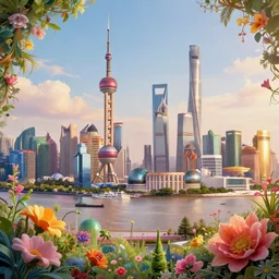3 d, hyperrealism art glamorous sci - fi poster, a panoramic view of shanghai with a lot of flowers, beautiful whimsical botanical illustration, by android jones and greg rutkowski, digital matte painting, futuristic style, golden ratio