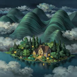 undulating clouds, waving trees, old residence, lake, dark atmosphere, glowing lights, surreal, infographic, epic fantasy, digital art, concept art, detailed illustration, hd, 4 k, highly saturated colors, digital art, greg rutkowski, dan mumford, studio ghibli, trending on artstation