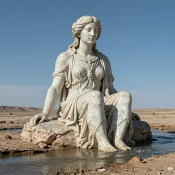 Massive giant 65-year-old giant Gaia Goddess shedding one emotionless tear as she sits on a dried up river in a desolate land, blue sky, hot and sunny, highly-detailed, elegant, dramatic lighting, artstation, 4k, cinematic landscape, photograph by Elizabeth Gadd