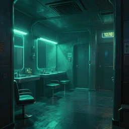 concept art of cyberpunk 2 0 7 7 rest room environment, few chairs, neon, by marta leydy, highly detailed, 8 k, hdr, studio, matte painting, digital illustration, artstation, turquoise - green soft glowing volumetric light