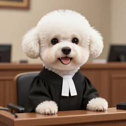 a closeup photorealistic illustration of a smiling bichon frise judge wearing a black gown at the bench in courtroom. this 4 k hd image is trending on artstation, featured on behance, well - rendered, extra crisp, features intricate detail and the style of unreal engine.